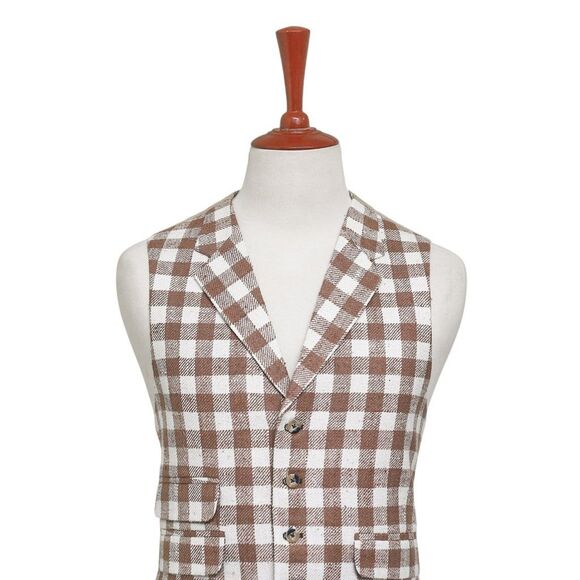 Mens Vest 44R Brown Beige Plaid Check Waistcoat XL Western Casual Preppy Party - Picture 4 of 9